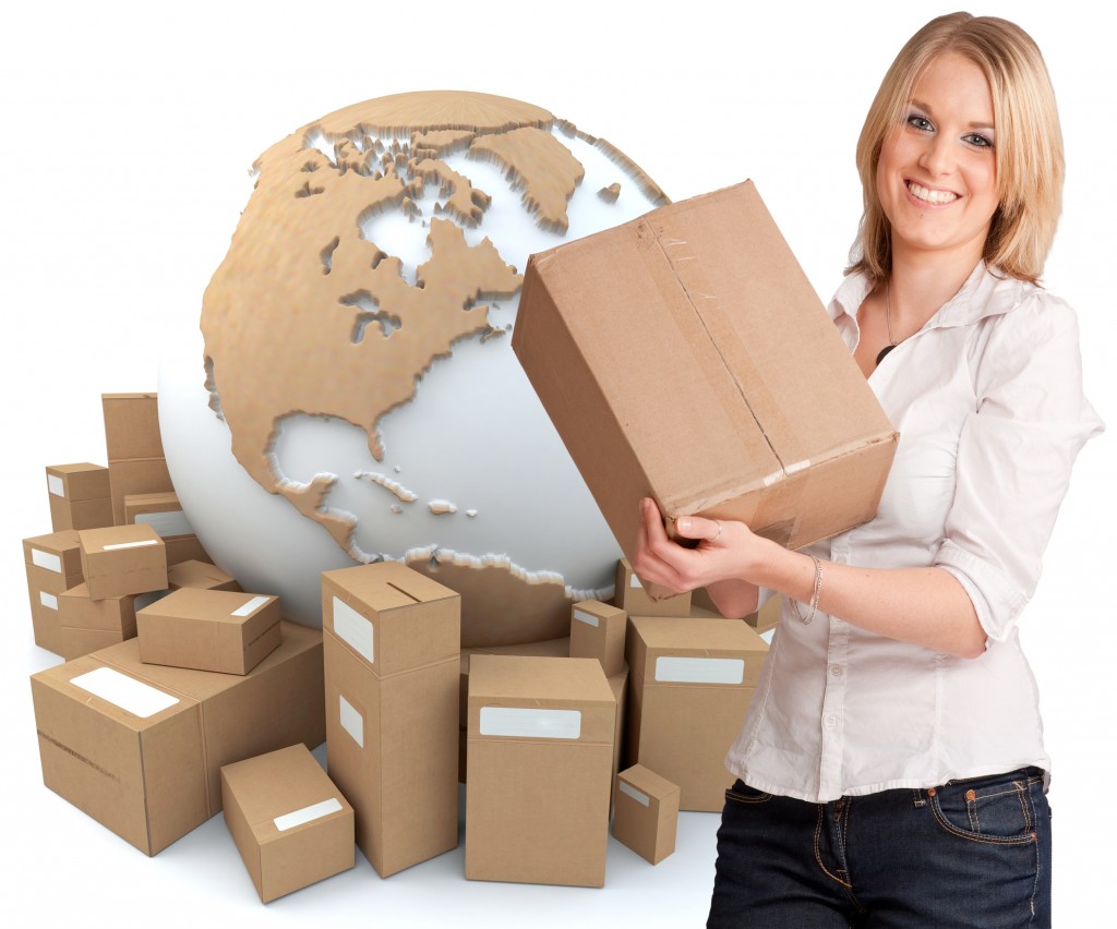 A woman holding a box with the world surrounded by packages in the background